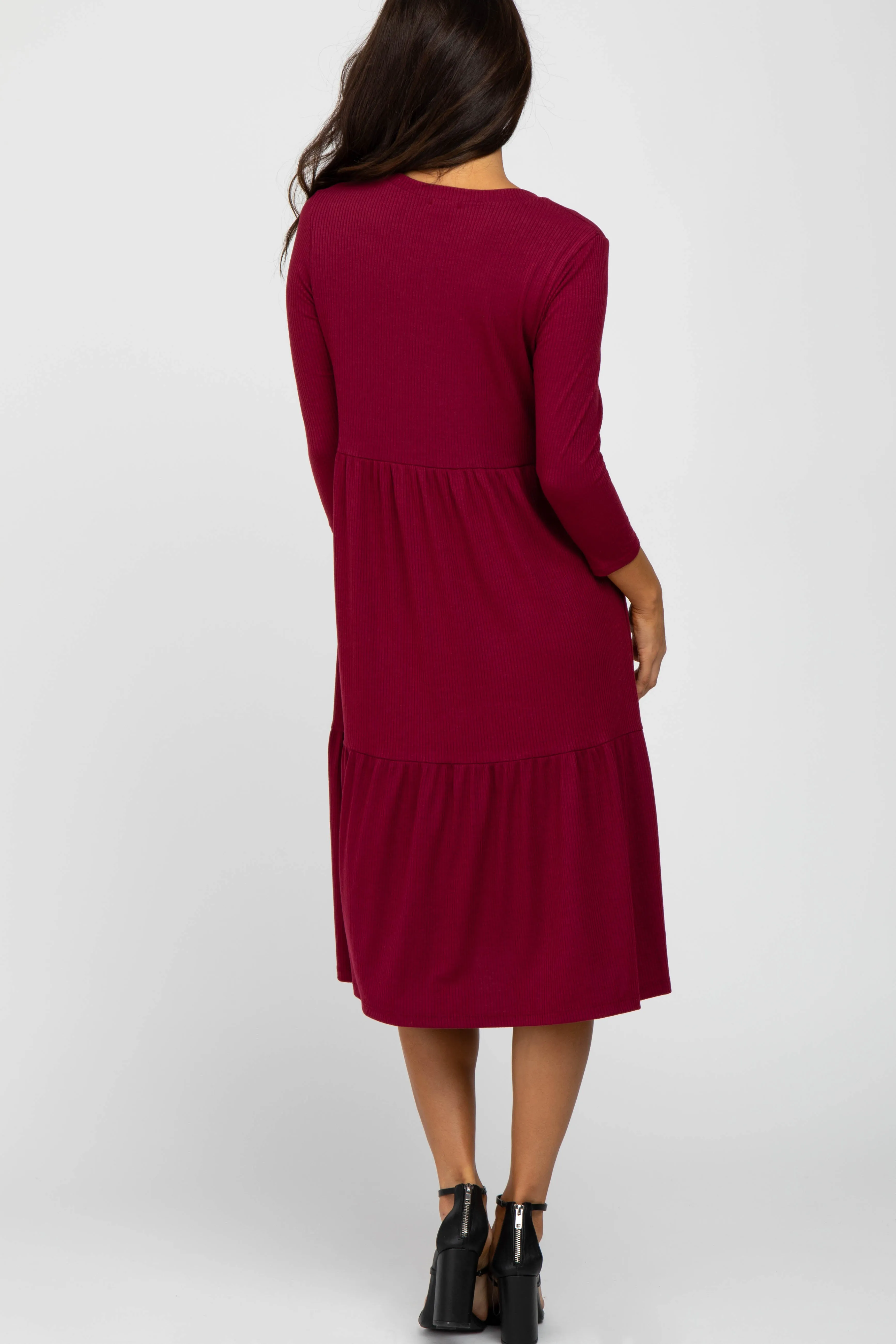 Burgundy Tiered Ribbed 3/4 Sleeve Midi Dress sold by Pinkblush product image thumbnail 4