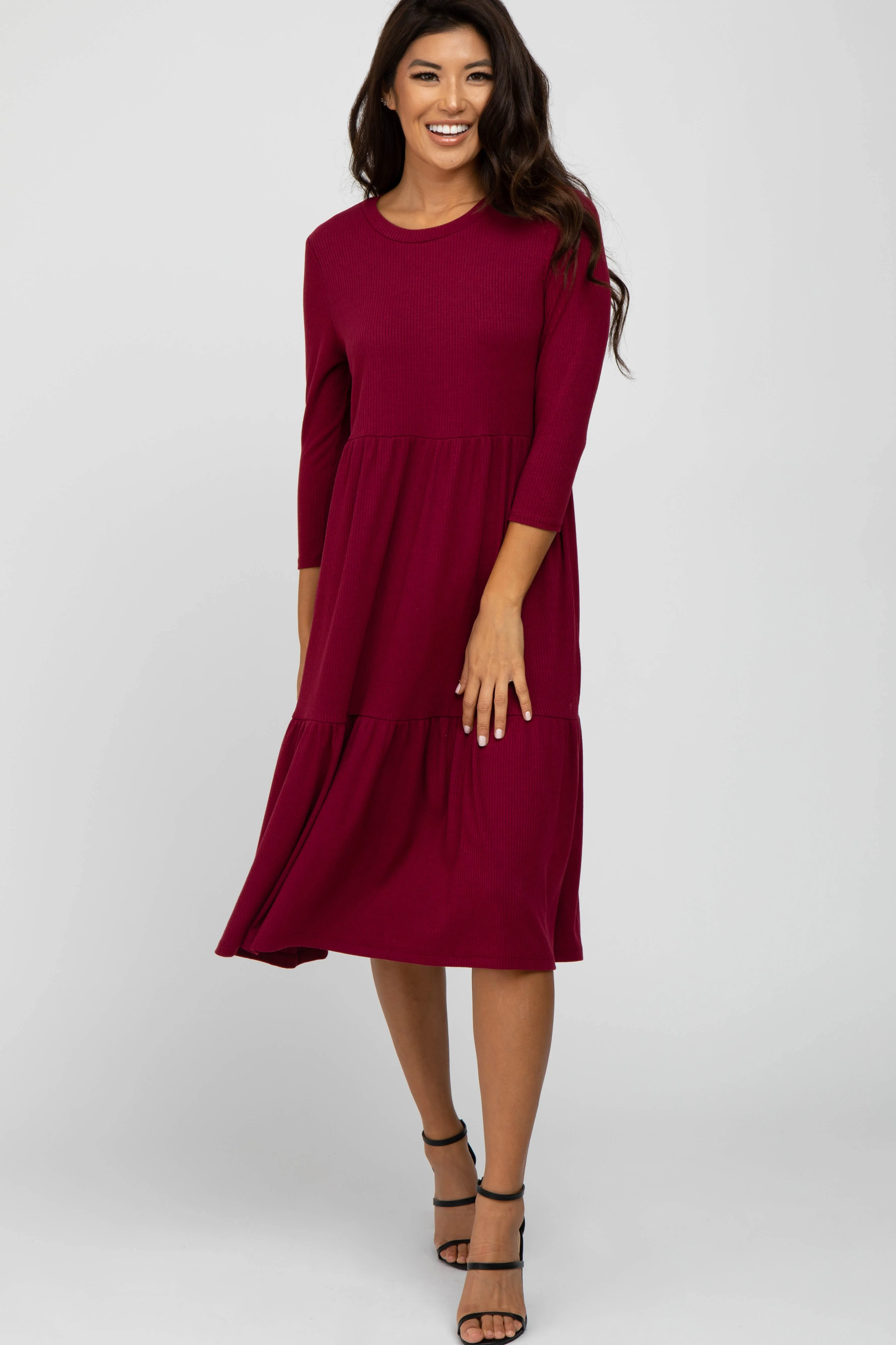 Burgundy Tiered Ribbed 3/4 Sleeve Midi Dress sold by Pinkblush