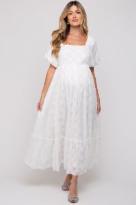 White Floral Chiffon Smocked Square Neck Maternity Maxi Dress sold by Pinkblush