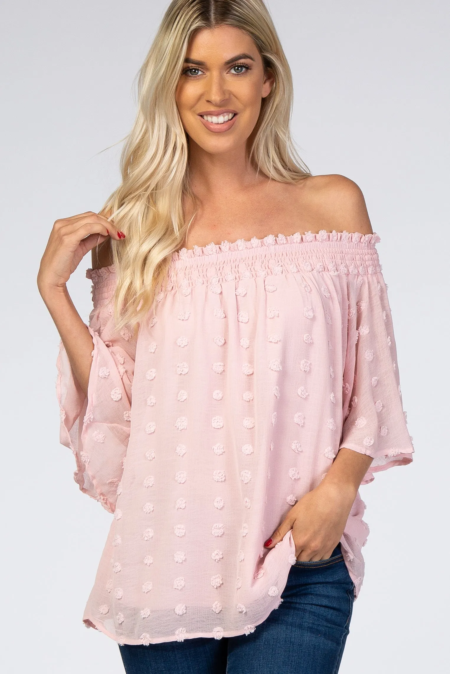 Light Pink Textured Dot Smocked Off Shoulder Chiffon Maternity Blouse sold by Pinkblush product image thumbnail 5