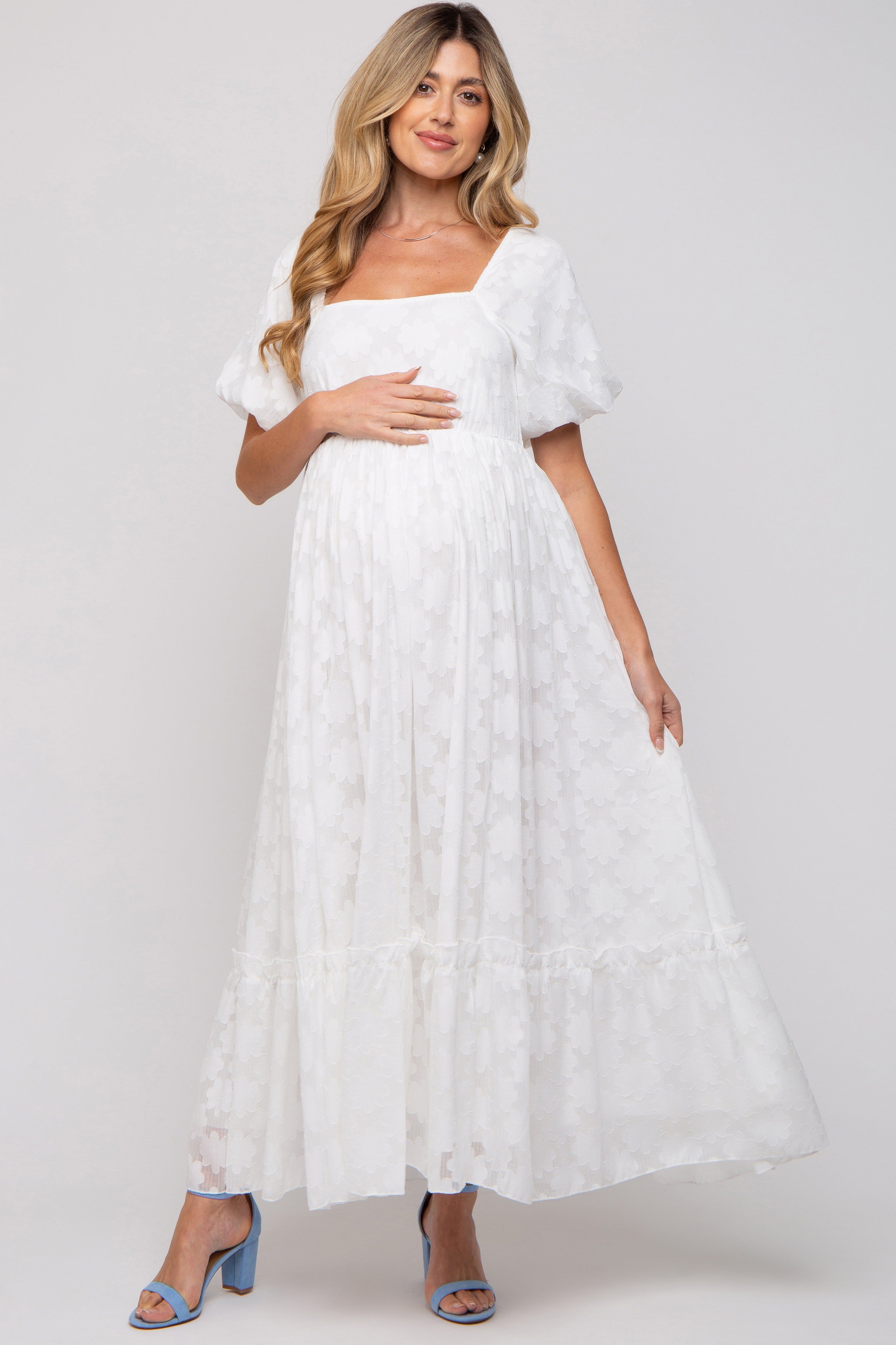 White Floral Chiffon Smocked Square Neck Maternity Maxi Dress sold by Pinkblush