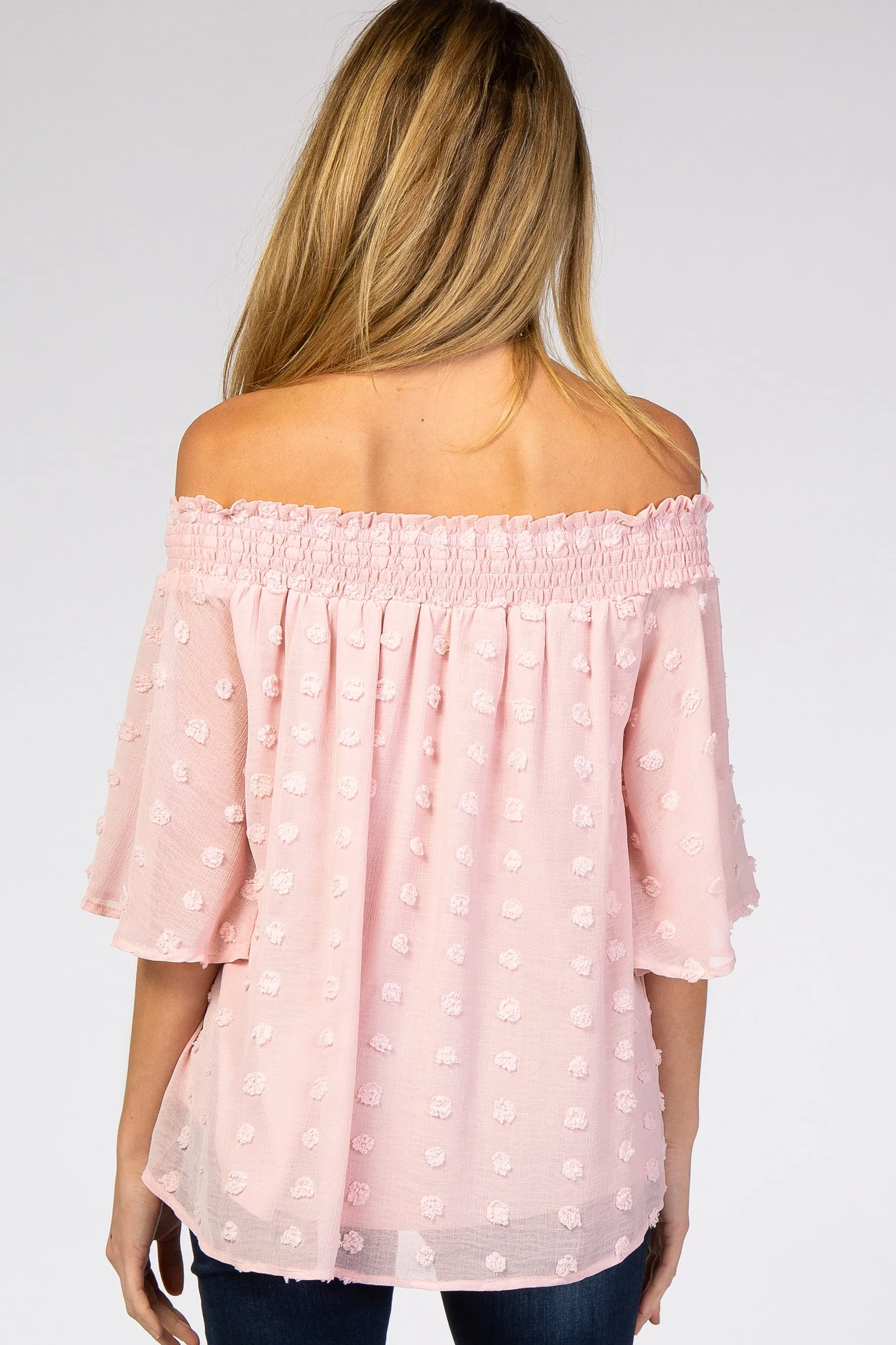 Light Pink Textured Dot Smocked Off Shoulder Chiffon Maternity Blouse sold by Pinkblush product image thumbnail 3