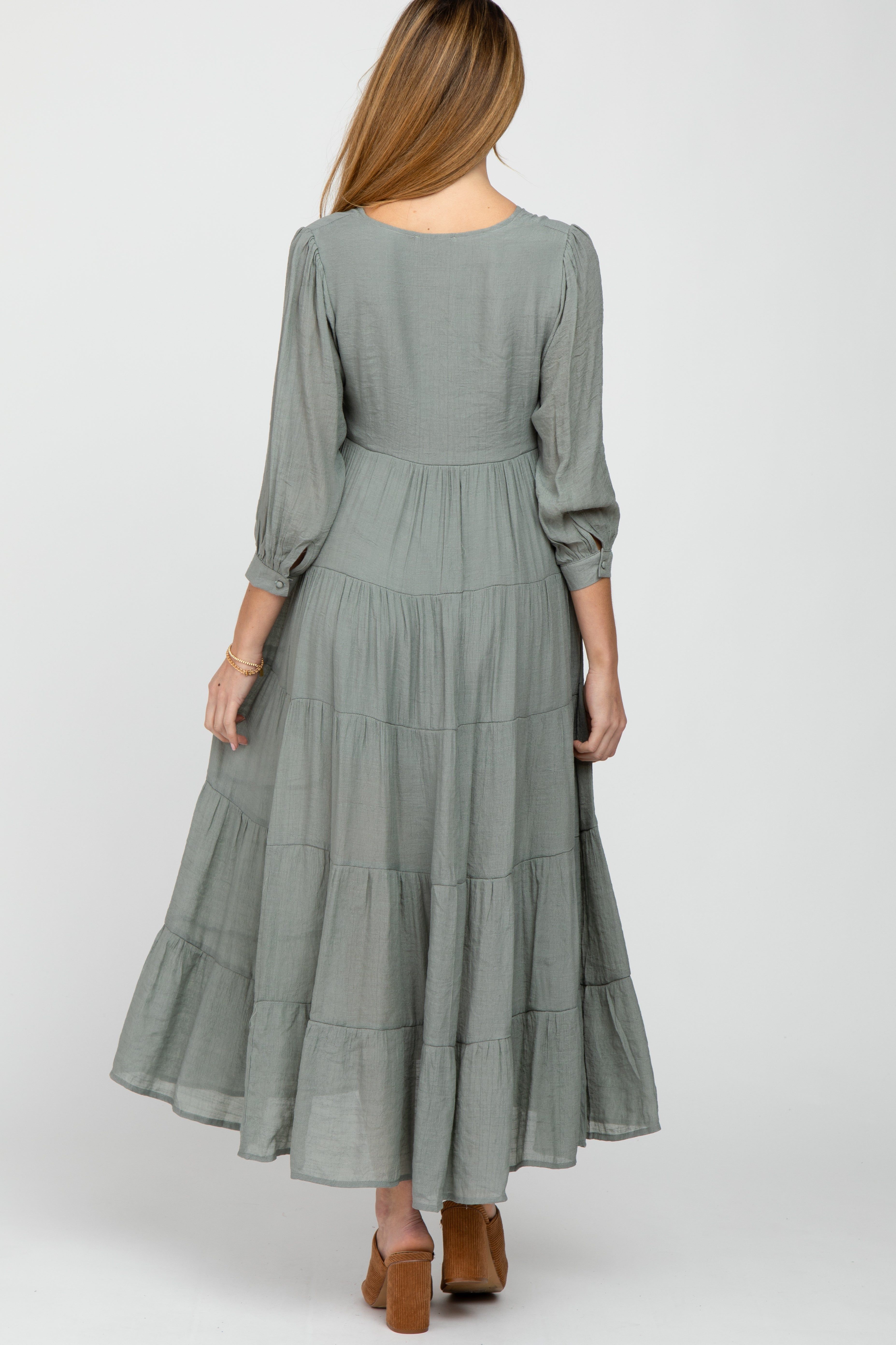 Light Olive Button Front Tiered Maternity Maxi Dress sold by Pinkblush product image thumbnail 3