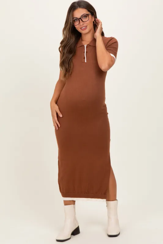 Camel Sweater Side Slit Maternity Midi Dress sold by Pinkblush