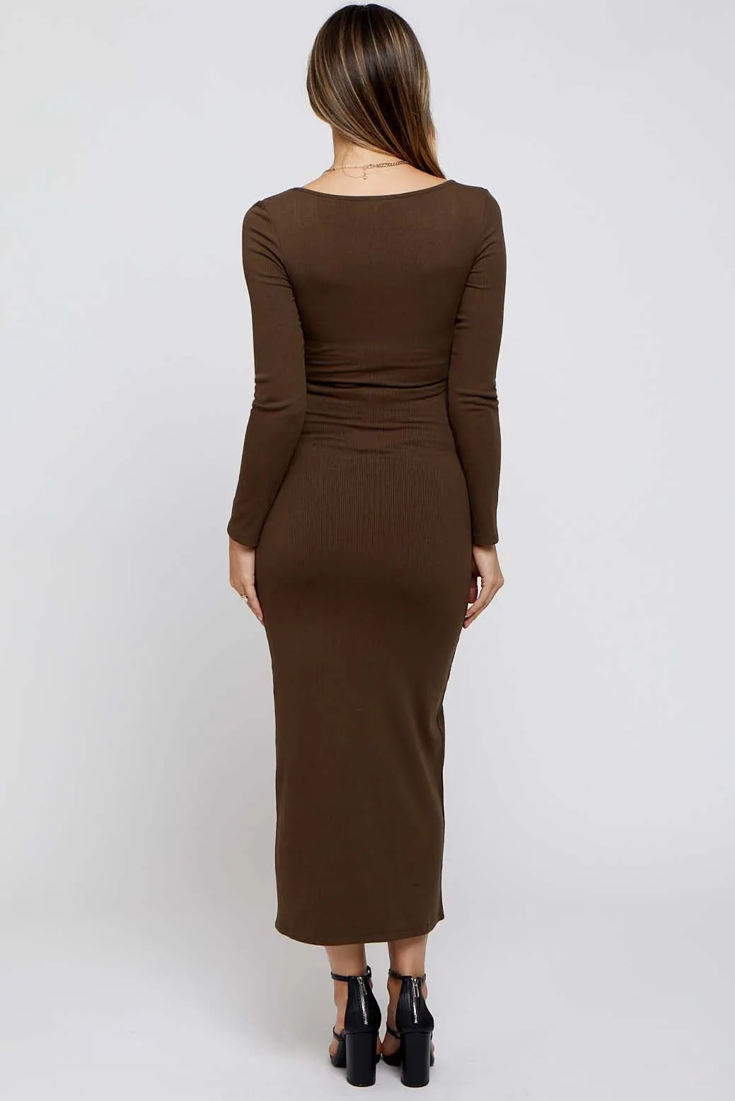 Brown Ribbed Scoop Neck Maternity Midi Dress sold by Pinkblush product image thumbnail 3