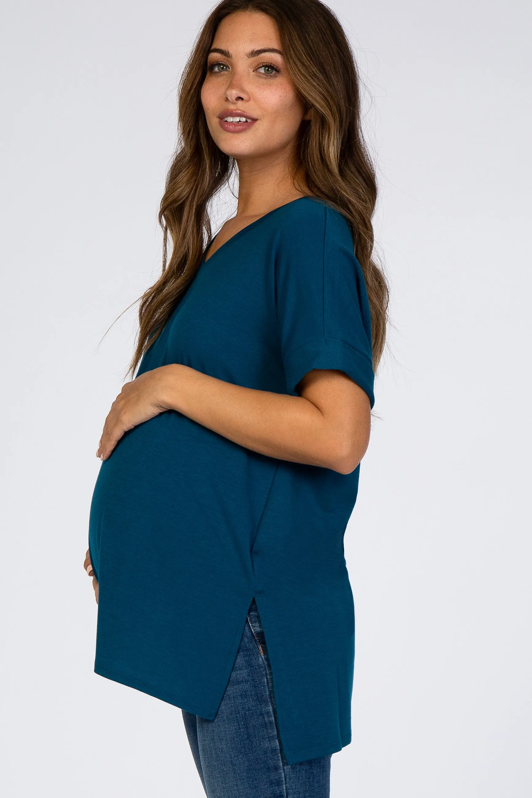 Teal V-Neck Cuffed Short Sleeve Maternity Top sold by Pinkblush product image thumbnail 2