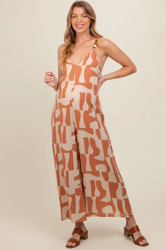 Camel Abstract Print Wide Leg Maternity Jumpsuit sold by Pinkblush
