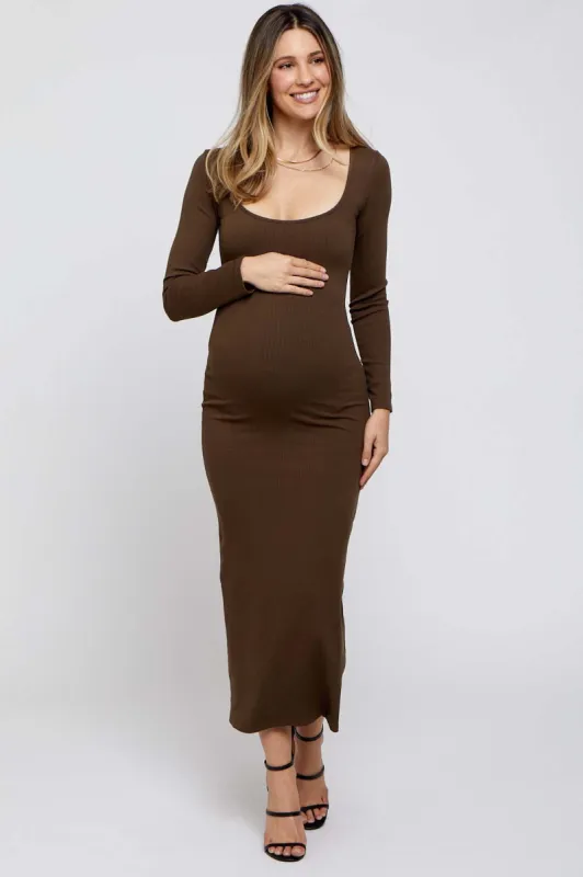 Brown Ribbed Scoop Neck Maternity Midi Dress sold by Pinkblush