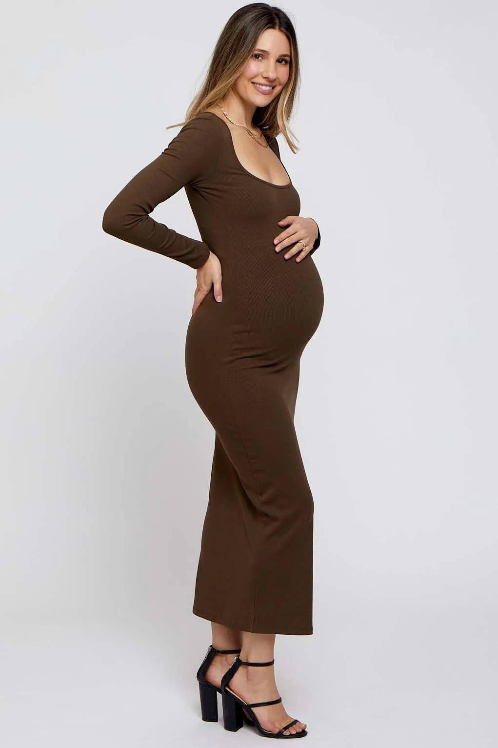 Brown Ribbed Scoop Neck Maternity Midi Dress sold by Pinkblush product image thumbnail 2