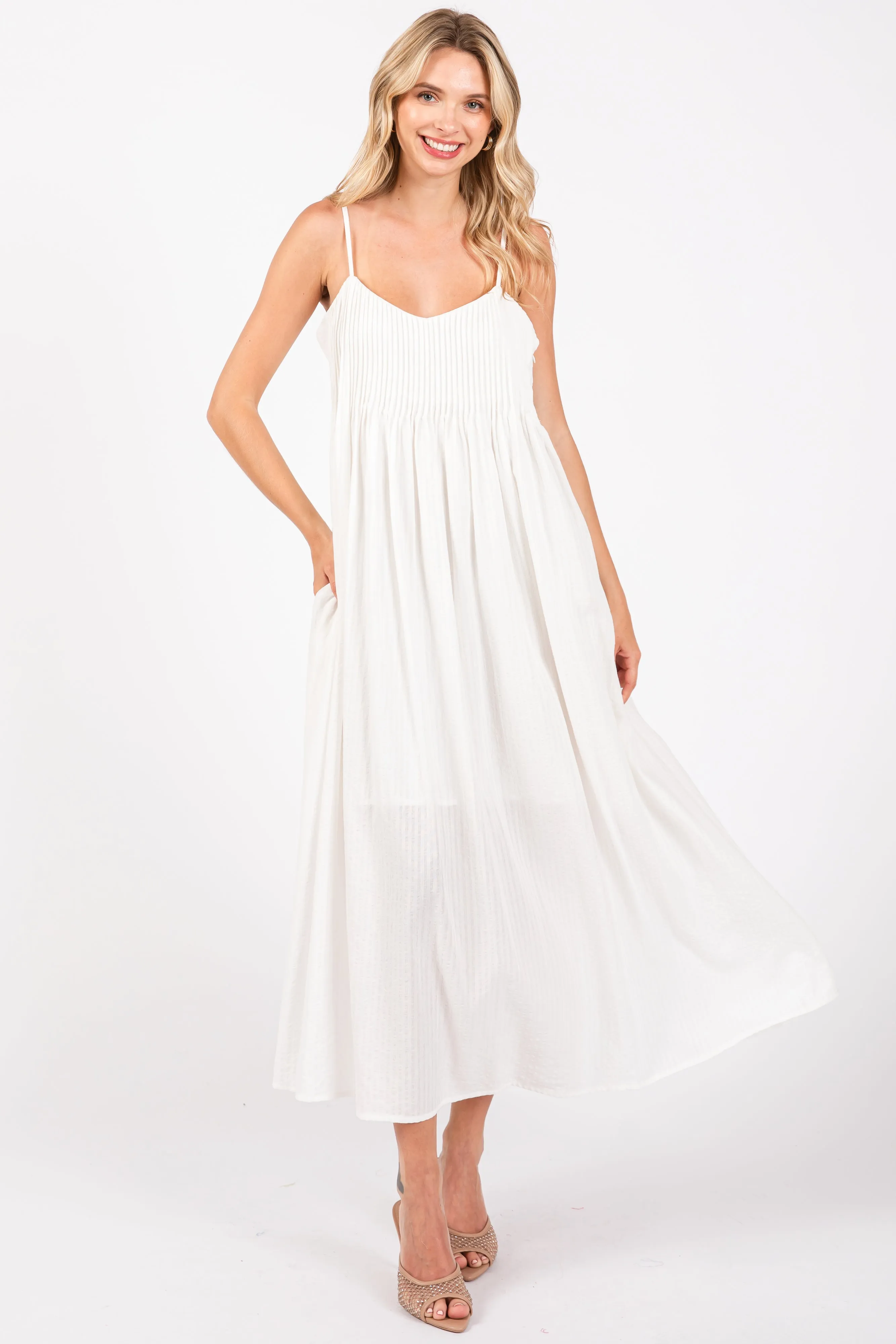 White Striped V-Neck Sleeveless Side Pocket Maternity Dress sold by Pinkblush product image thumbnail 4