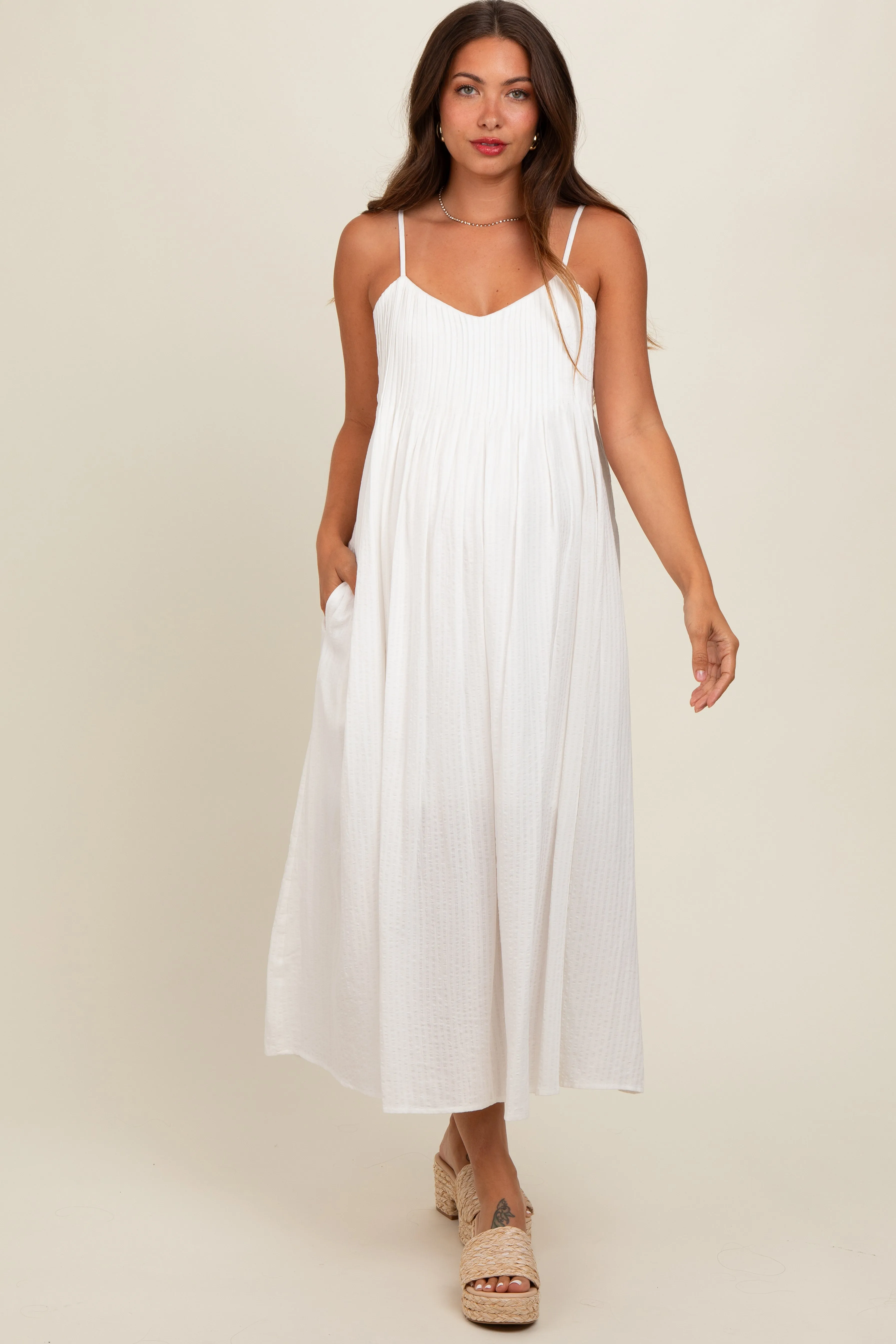 White Striped V-Neck Sleeveless Side Pocket Maternity Dress sold by Pinkblush