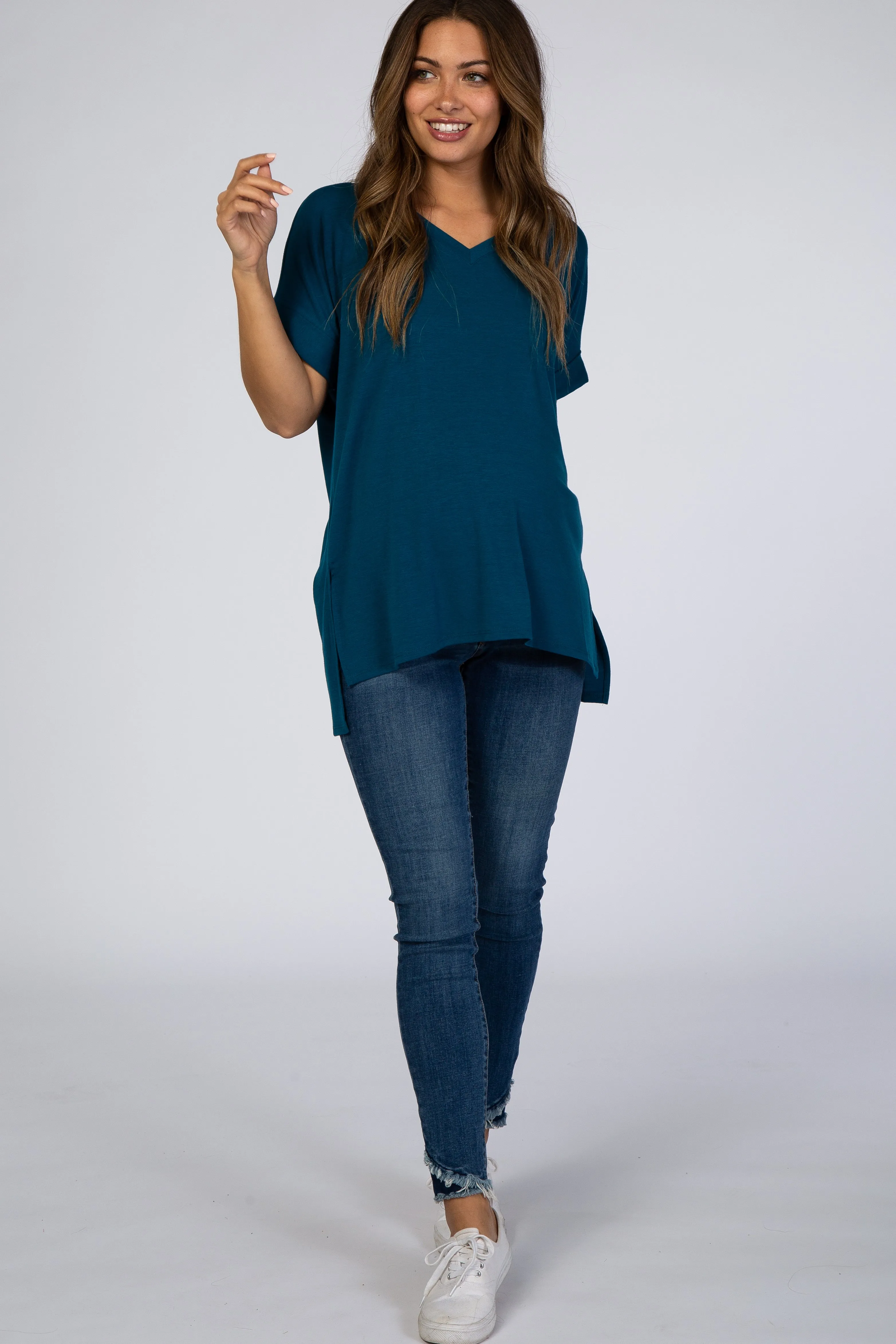 Teal V-Neck Cuffed Short Sleeve Maternity Top sold by Pinkblush product image thumbnail 4