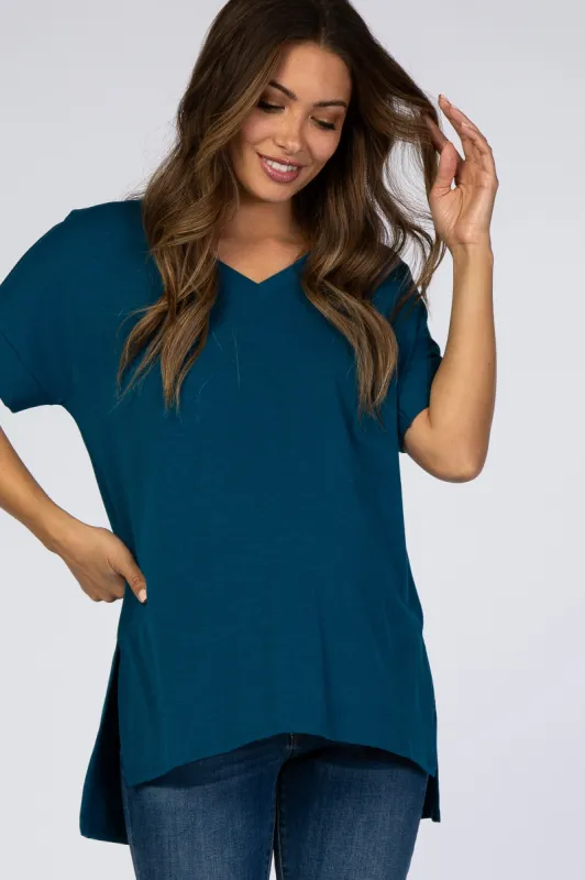 Teal V-Neck Cuffed Short Sleeve Maternity Top sold by Pinkblush