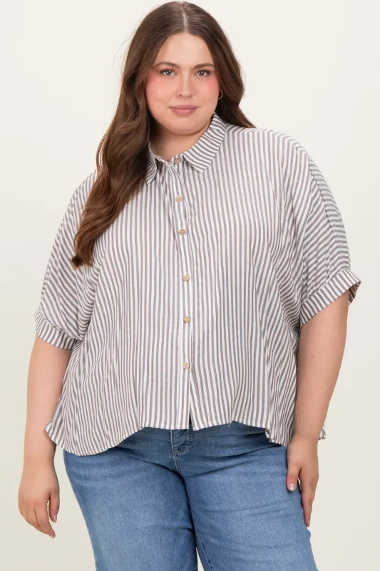 Brown Striped Button Up Short Dolman Sleeve Maternity Plus Top sold by Pinkblush