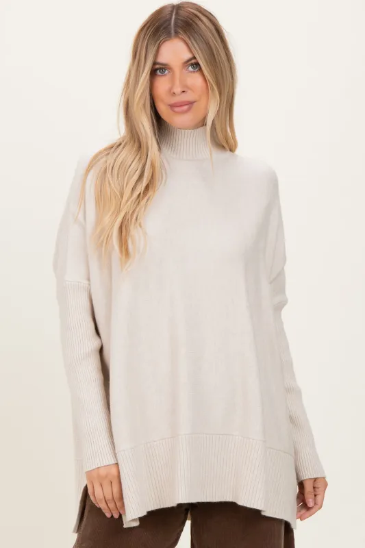 Cream Mock Neck Oversized Sir Slit Sweater Top sold by Pinkblush