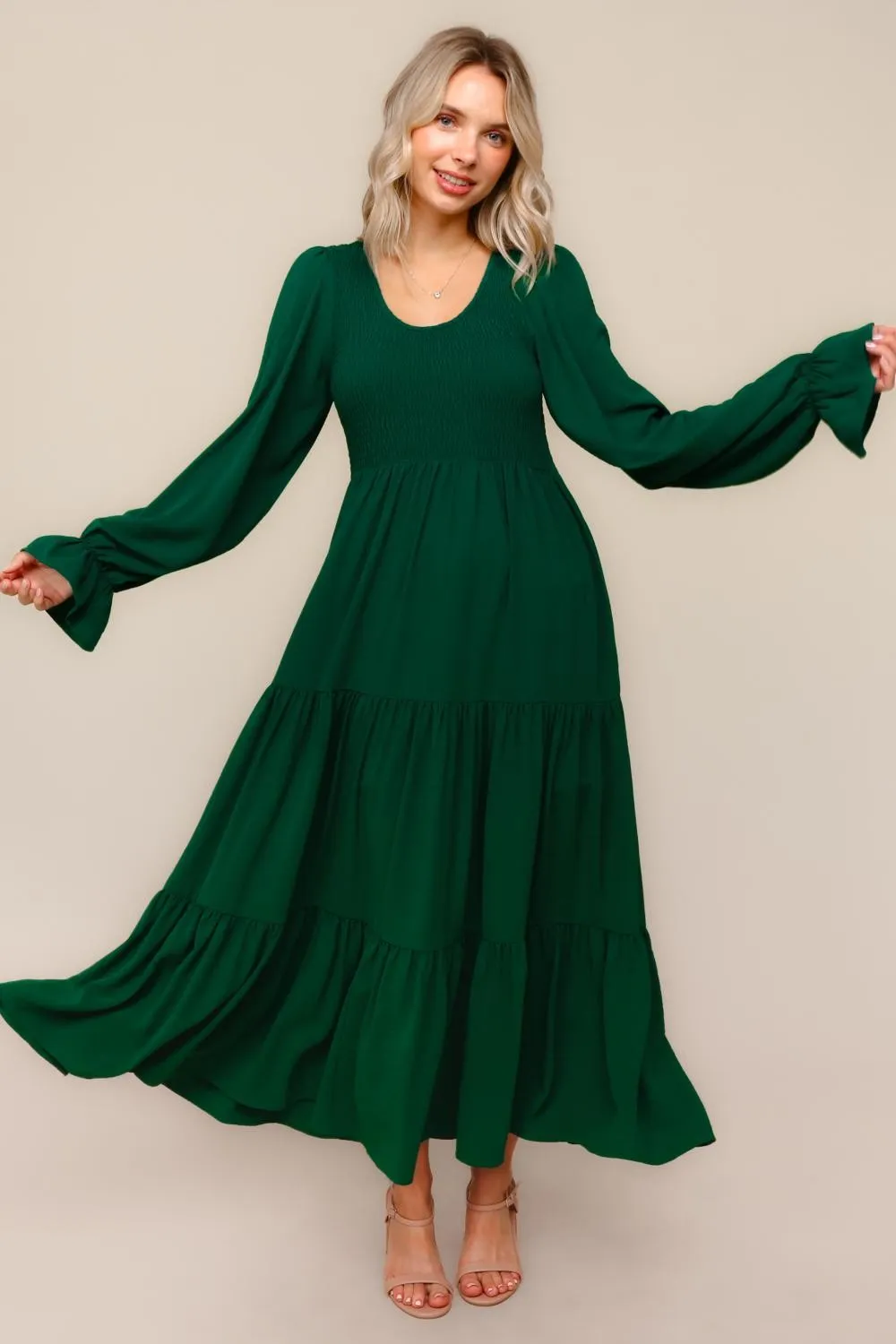 Forest Green Smocked Tiered Long Sleeve Maxi Dress sold by Pinkblush product image thumbnail 3