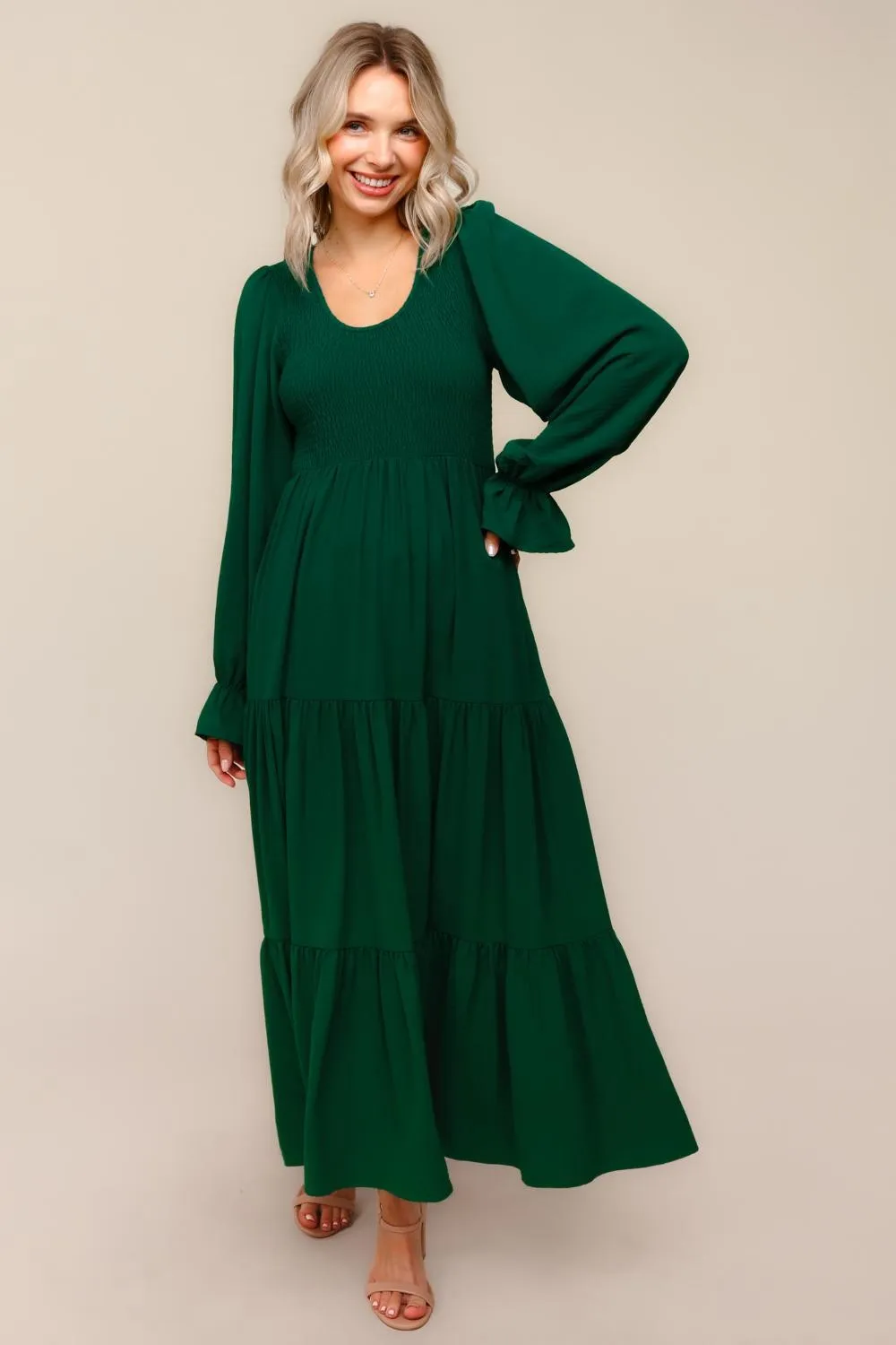 Forest Green Smocked Tiered Long Sleeve Maxi Dress sold by Pinkblush product image thumbnail 4