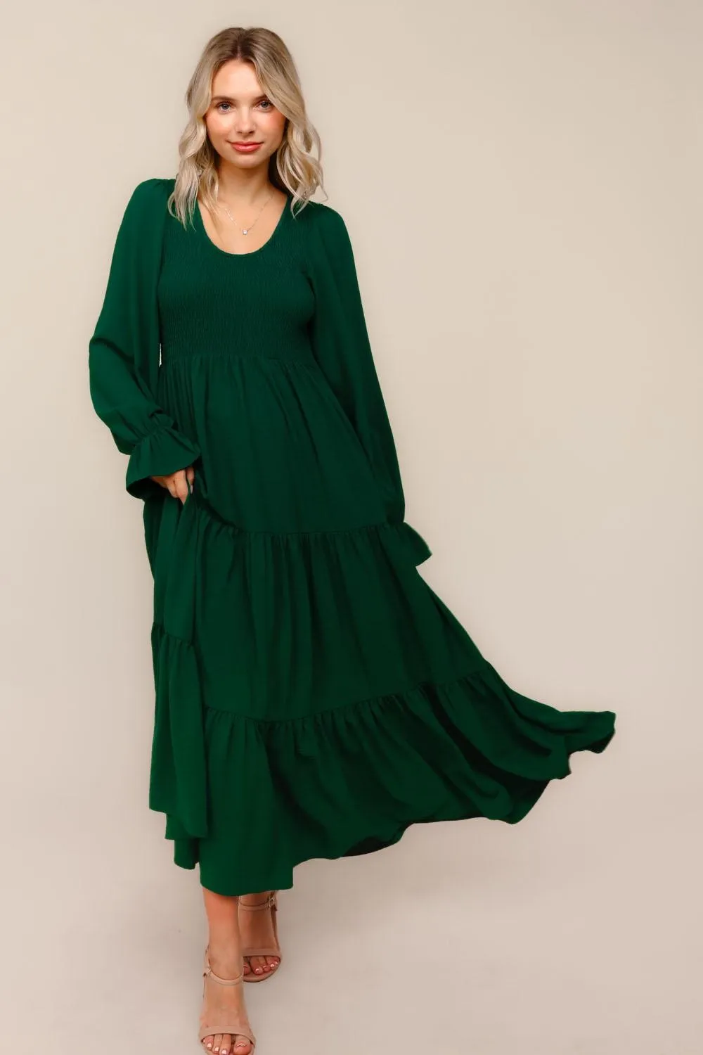 Forest Green Smocked Tiered Long Sleeve Maxi Dress sold by Pinkblush