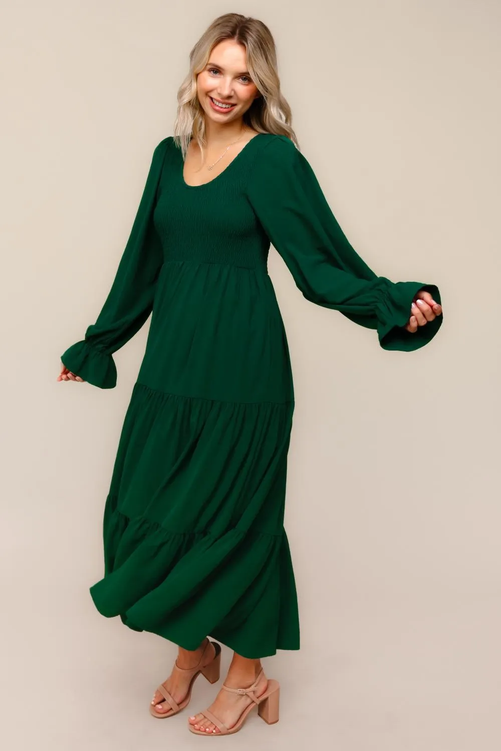 Forest Green Smocked Tiered Long Sleeve Maxi Dress sold by Pinkblush product image thumbnail 5