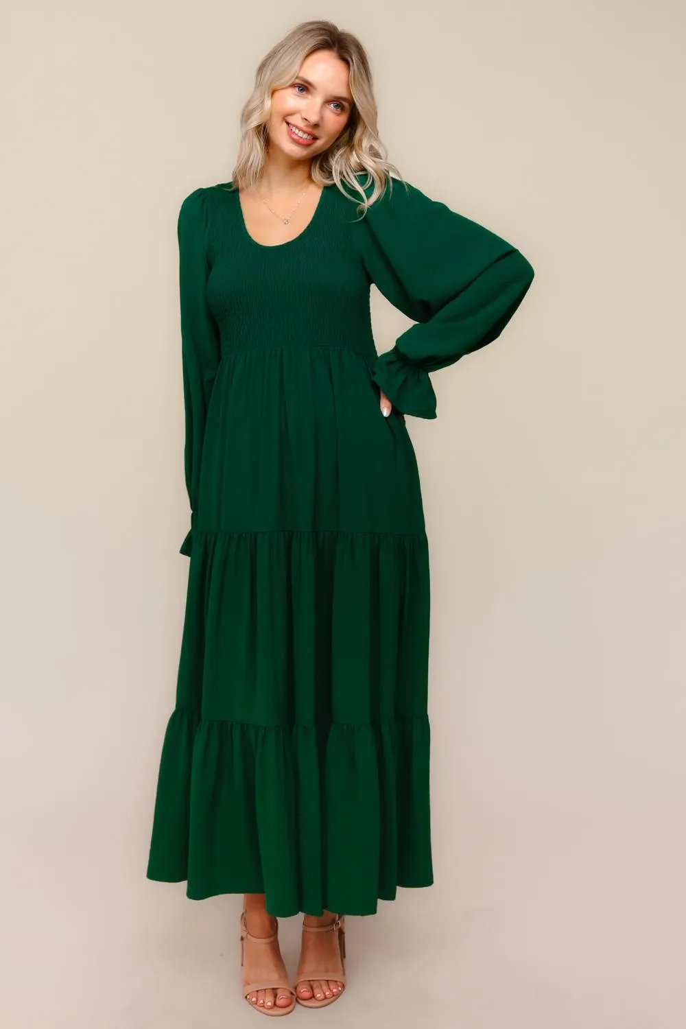 Forest Green Smocked Tiered Long Sleeve Maxi Dress sold by Pinkblush product image thumbnail 2