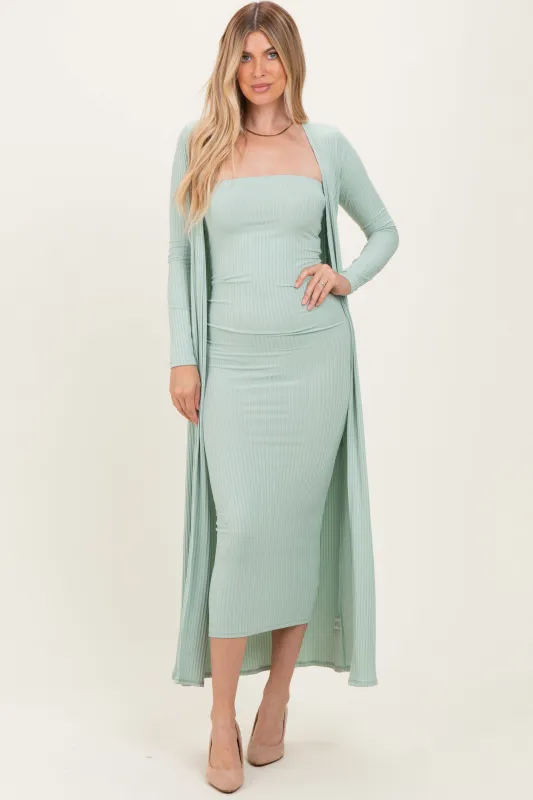 Sage Ribbed Sleeveless Dress Cardigan Set sold by Pinkblush