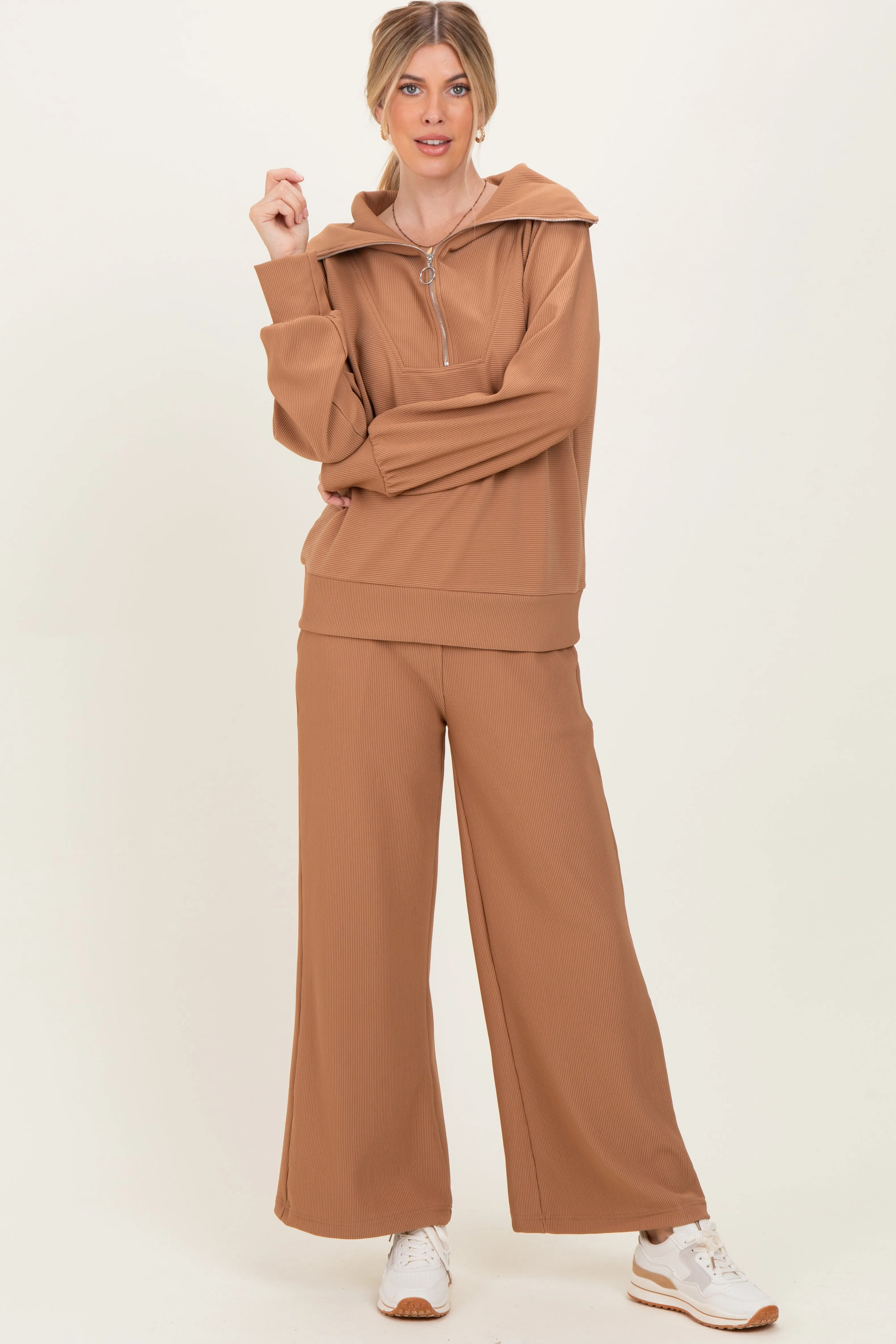 Camel Ribbed Half Zip Pullover Wide Leg Pant Set sold by Pinkblush product image thumbnail 2