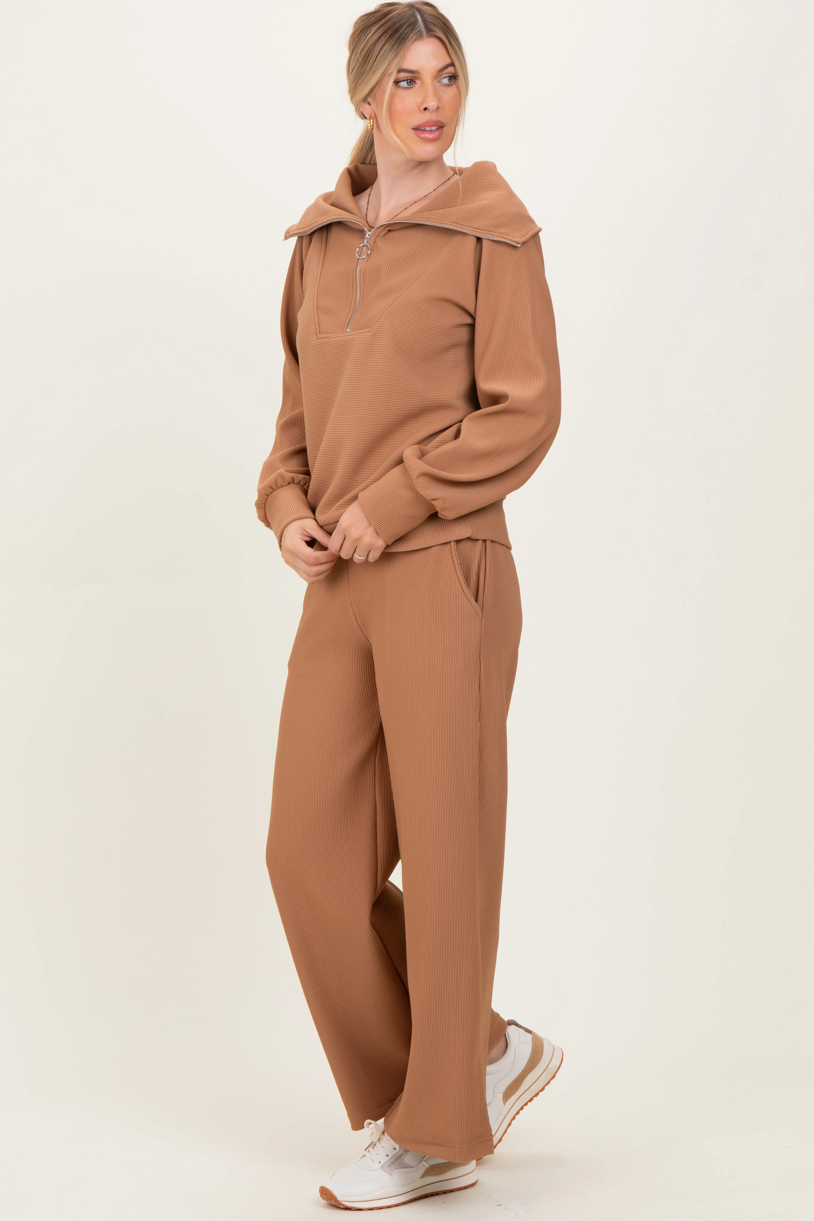 Camel Ribbed Half Zip Pullover Wide Leg Pant Set sold by Pinkblush product image thumbnail 3