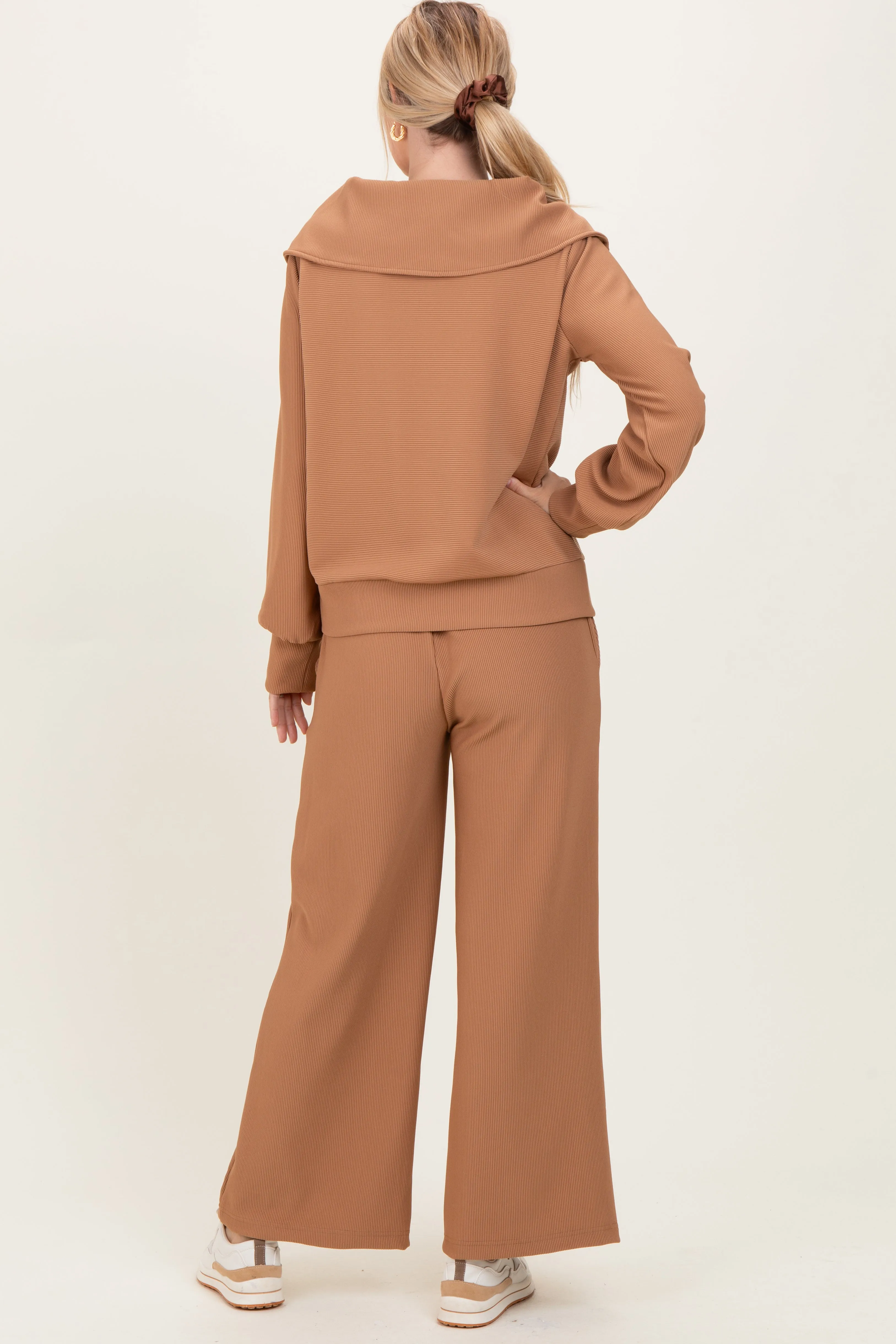 Camel Ribbed Half Zip Pullover Wide Leg Pant Set sold by Pinkblush product image thumbnail 4