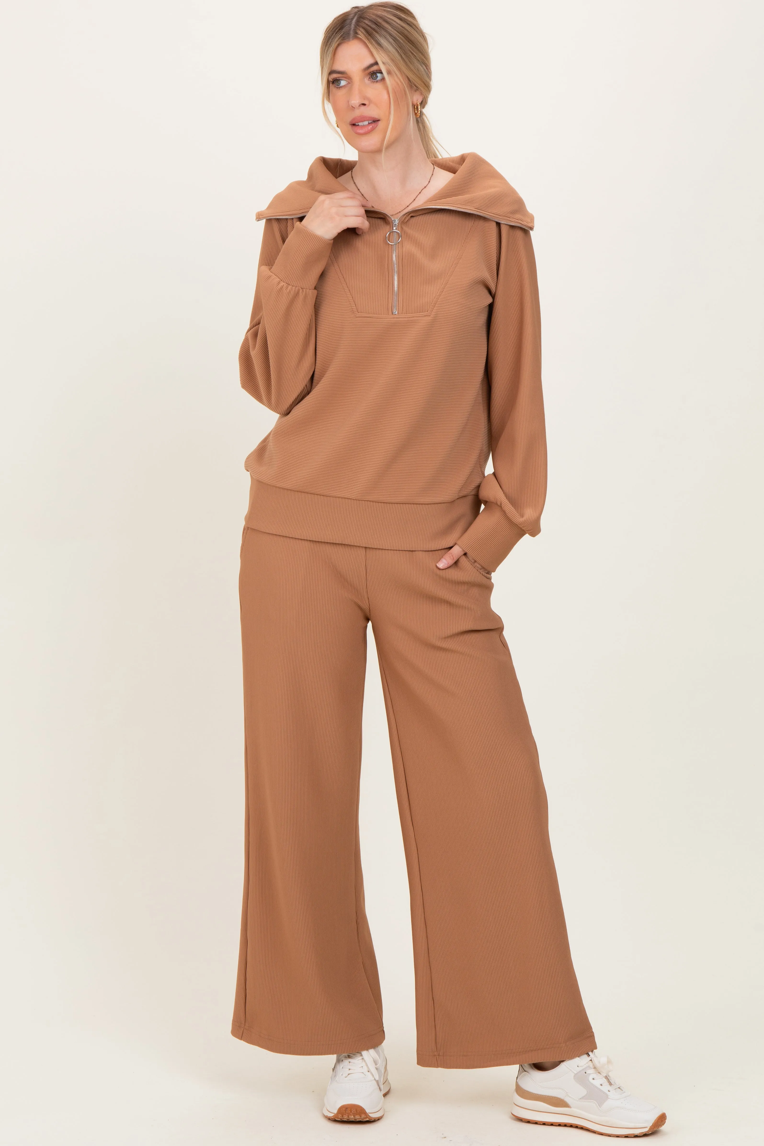Camel Ribbed Half Zip Pullover Wide Leg Pant Set sold by Pinkblush