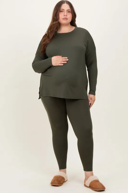 Olive Brushed Knit Oversized Top and Legging Maternity Plus Set sold by Pinkblush