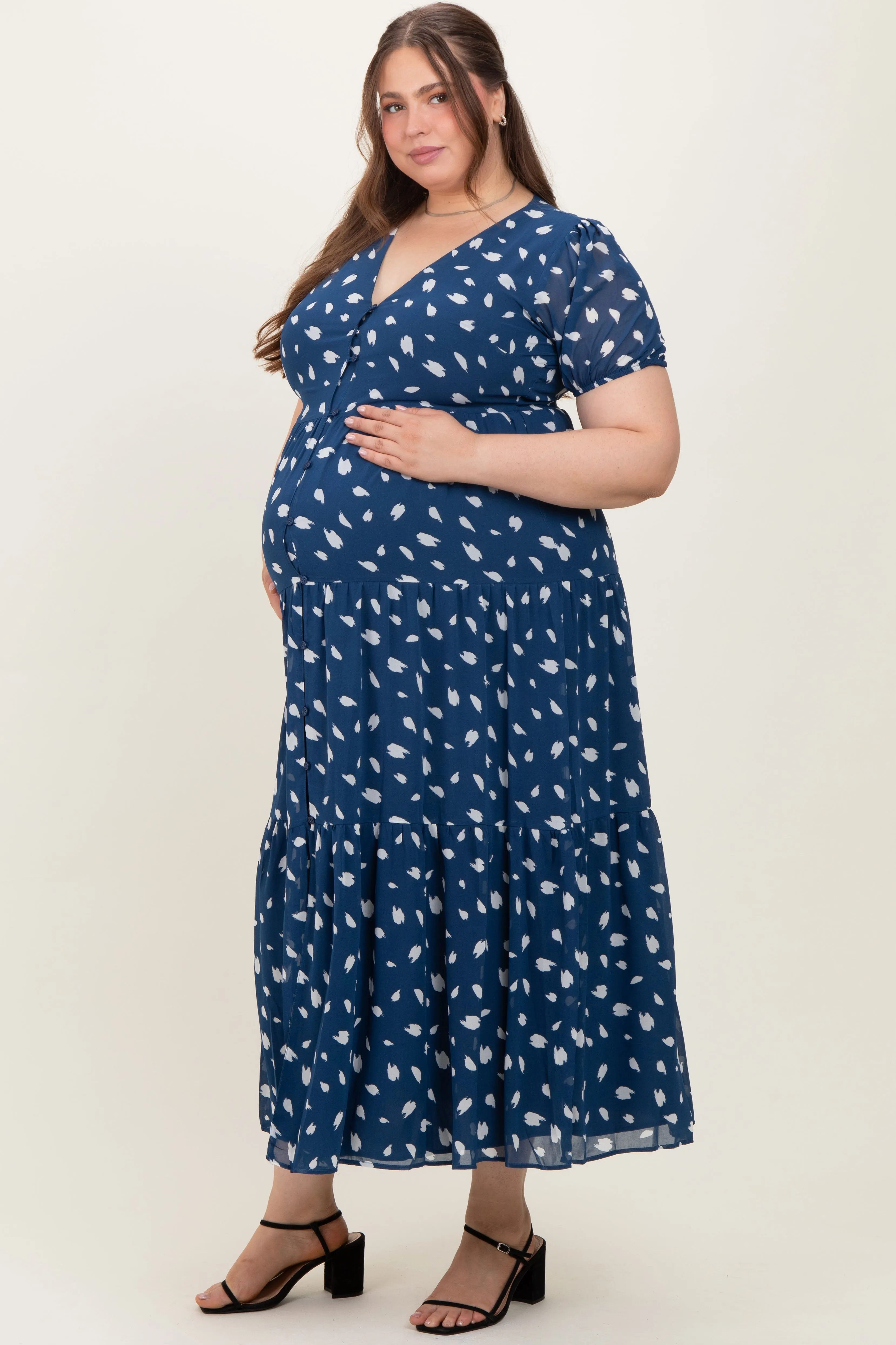 Navy Printed Button Down Tiered Maternity Plus Maxi Dress sold by Pinkblush product image thumbnail 3