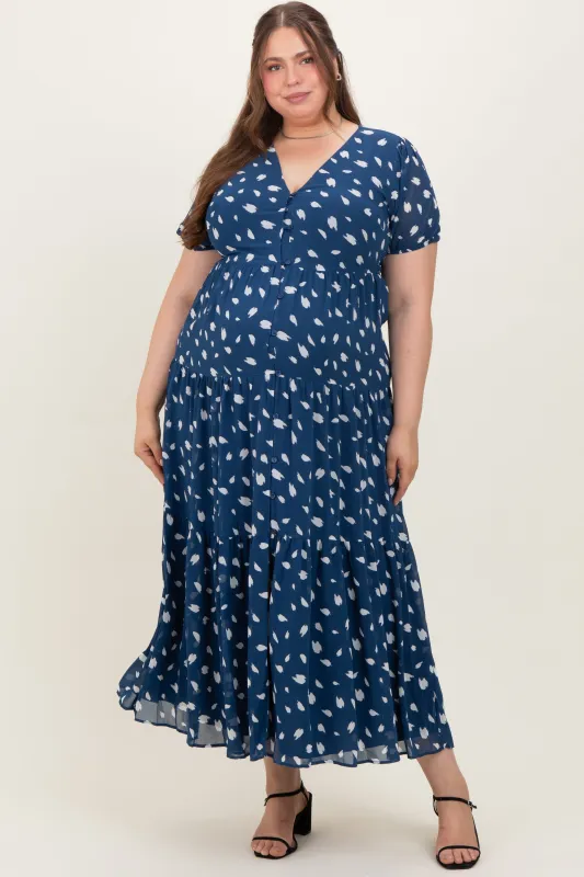 Navy Printed Button Down Tiered Maternity Plus Maxi Dress made by Sugarlips