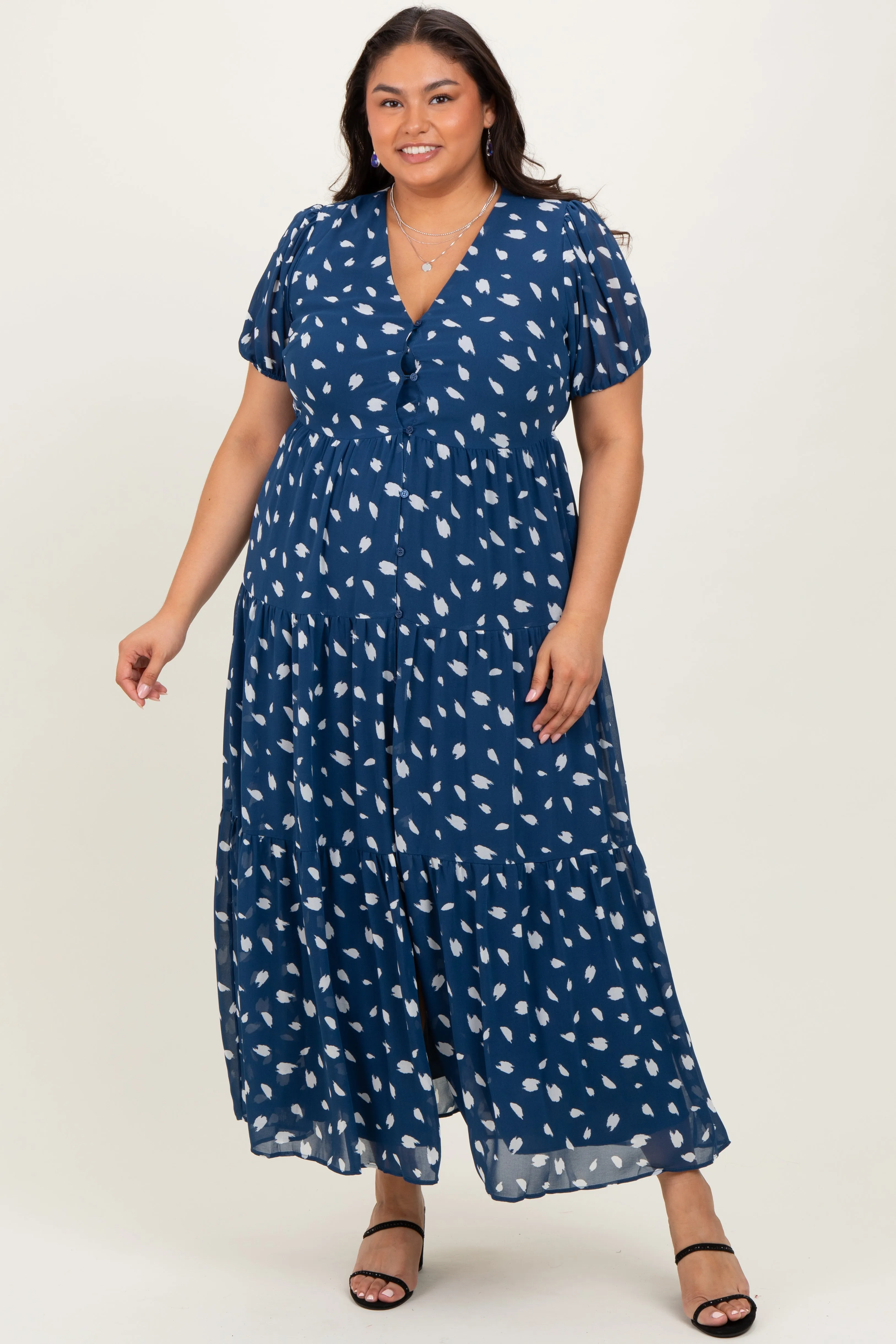 Navy Printed Button Down Tiered Maternity Plus Maxi Dress sold by Pinkblush product image thumbnail 5