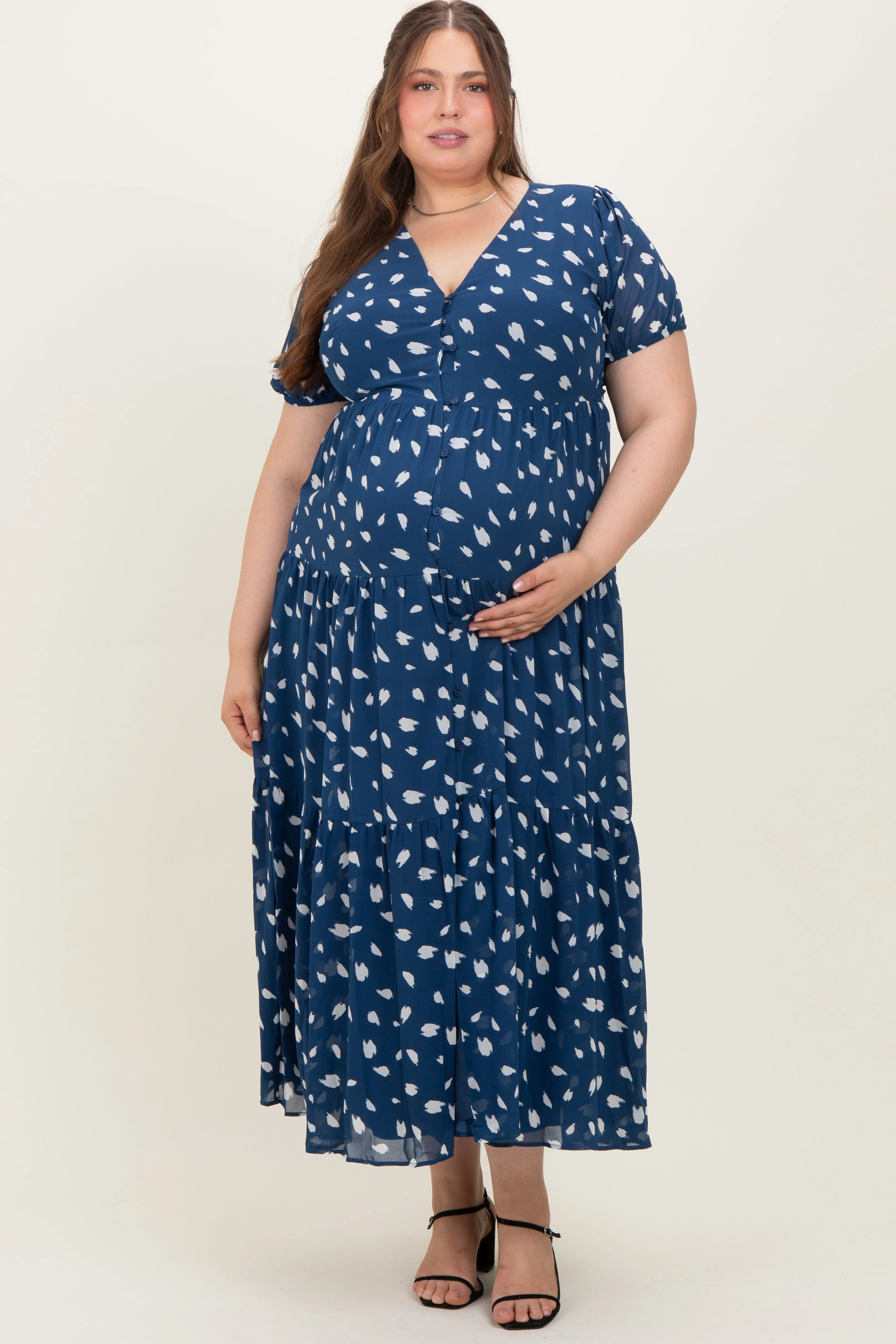 Navy Printed Button Down Tiered Maternity Plus Maxi Dress sold by Pinkblush product image thumbnail 2