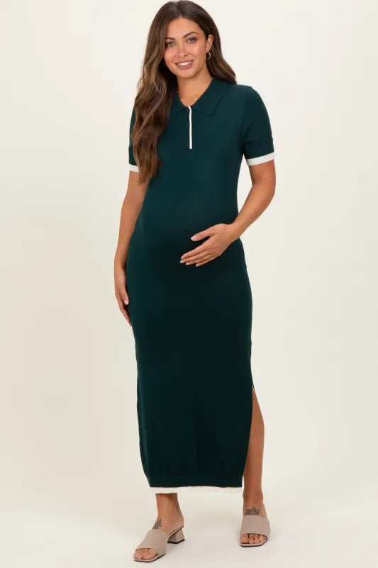 Dark Green Sweater Side Slit Maternity Midi Dress sold by Pinkblush