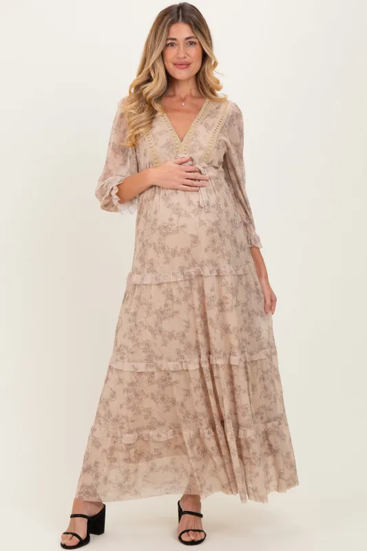 Camel Floral Mesh Overlay Lace Trim Maternity Maxi Dress sold by Pinkblush