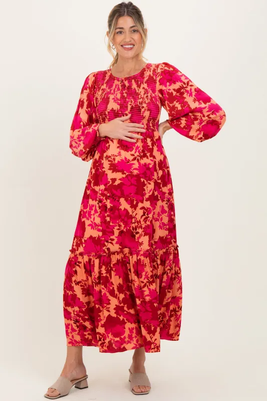 Red Floral Smocked Bodice Long Sleeve Maternity Maxi Dress sold by Pinkblush
