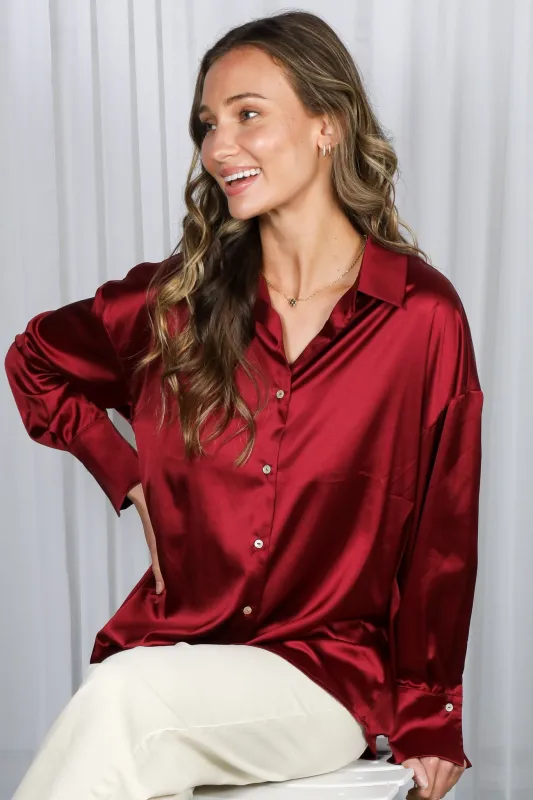 Burgundy Satin Button Up Blouse sold by Pinkblush