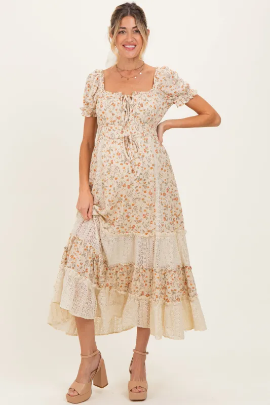 Cream Floral Lace Inset Puff Sleeve Maternity Maxi Dress sold by Pinkblush