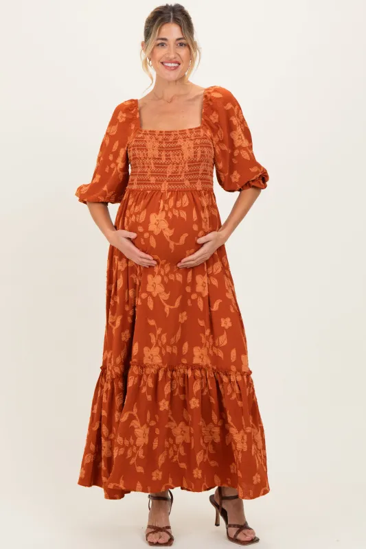 Rust Floral Print Smocked Bodice Maternity Maxi Dress sold by Pinkblush