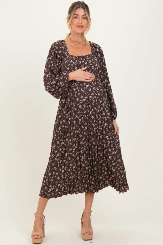 Brown Floral Long Sleeve Maternity Midi Dress sold by Pinkblush