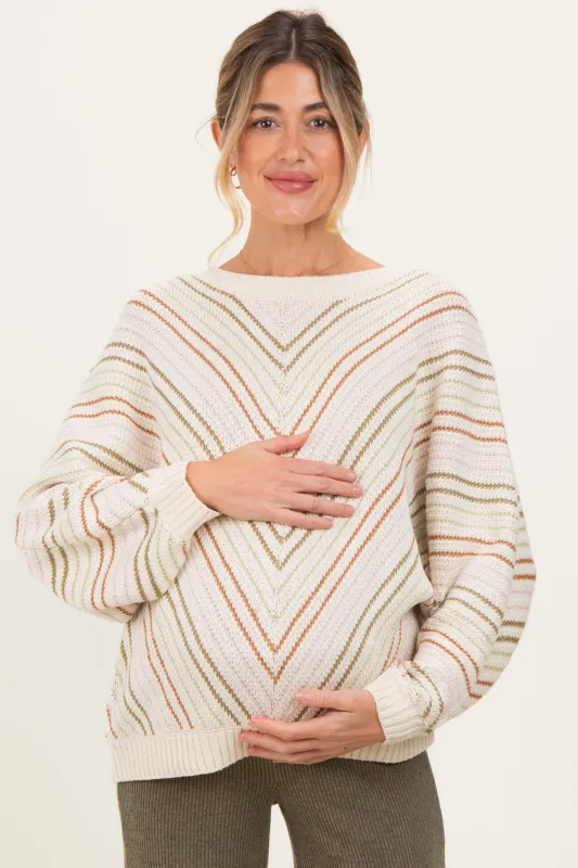 Beige Multi Crew Neck Striped Long Sleeve Maternity Sweater sold by Pinkblush