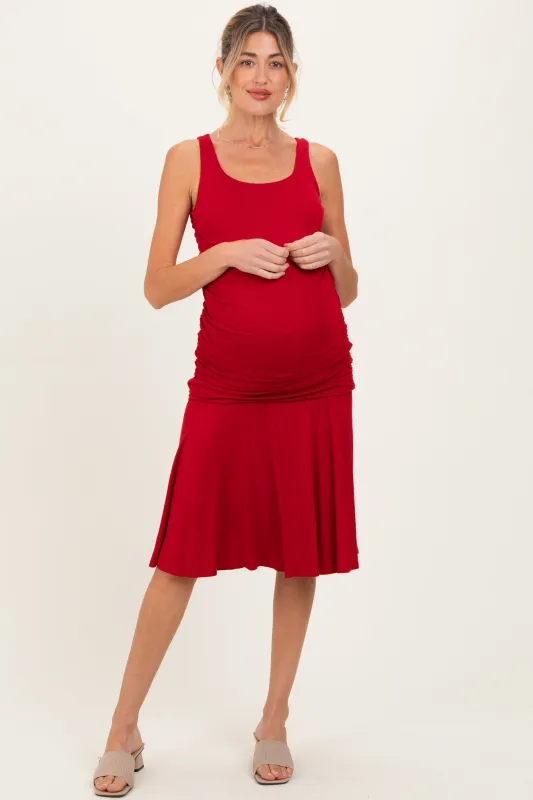 Red Ruched Sleeveless Drop Waist Maternity Midi Dress sold by Pinkblush