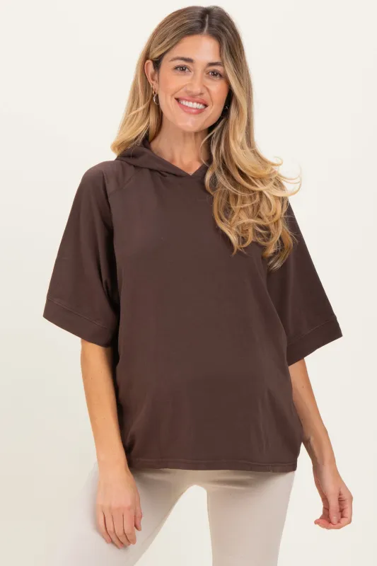 Brown Hooded Short Sleeve Maternity Top sold by Pinkblush
