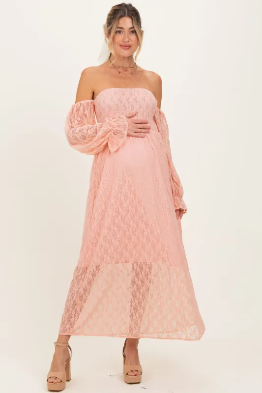 Peach Lace Overlay Smocked Maternity Maxi Dress sold by Pinkblush