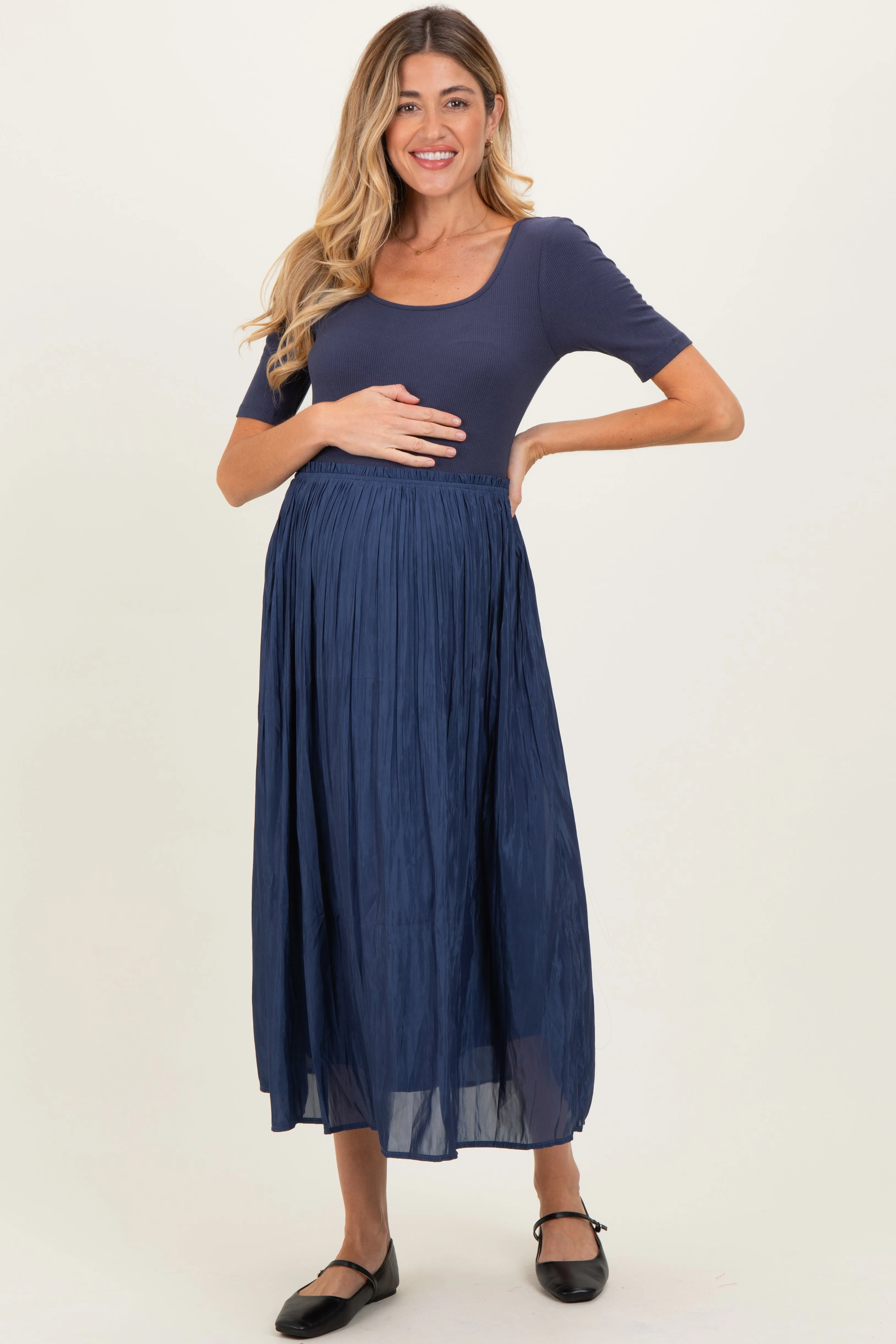 Navy Scoop Neck Pleated Skirt Ballet Maternity Dress sold by Pinkblush