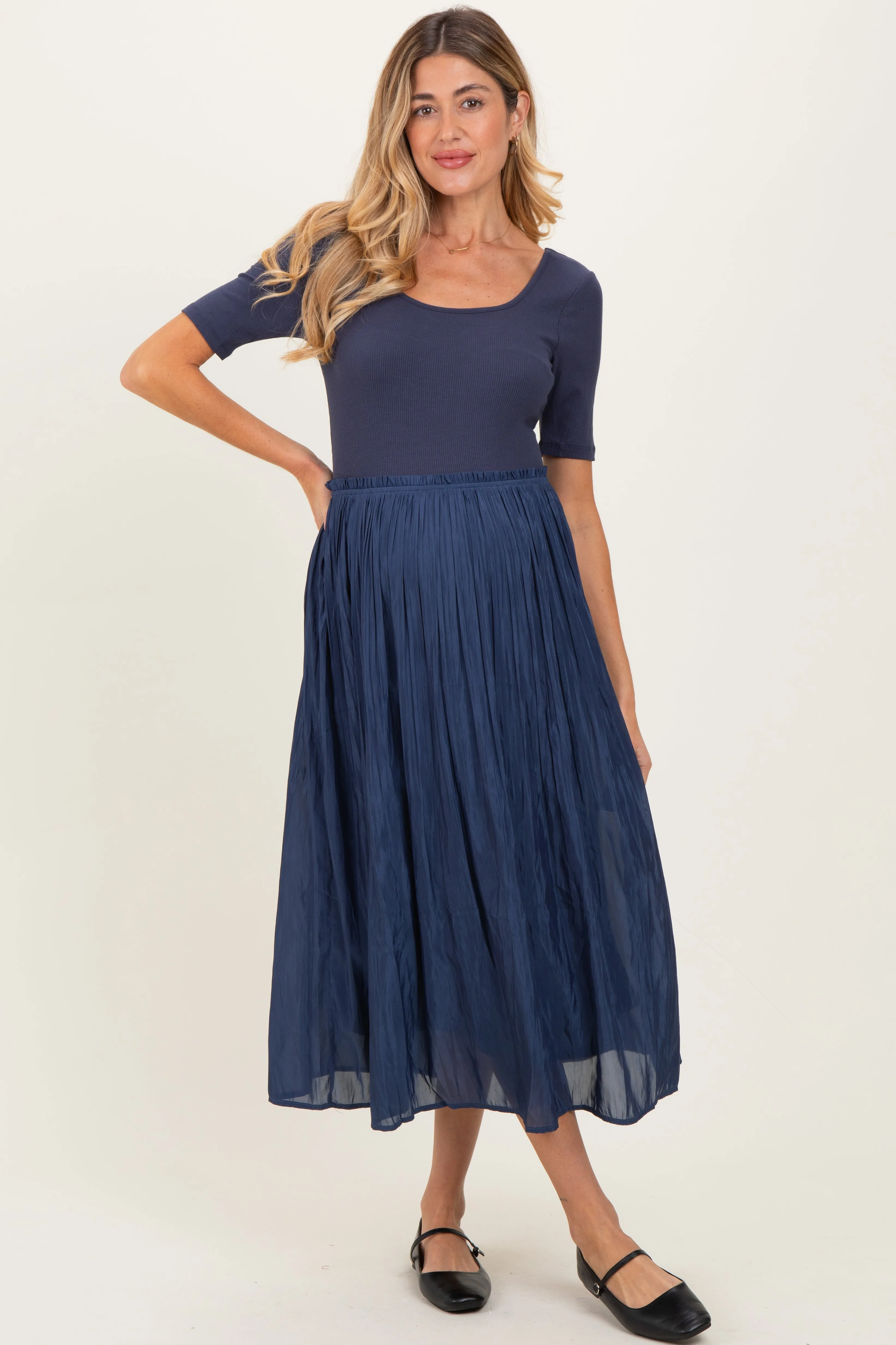 Navy Scoop Neck Pleated Skirt Ballet Maternity Dress sold by Pinkblush product image thumbnail 2