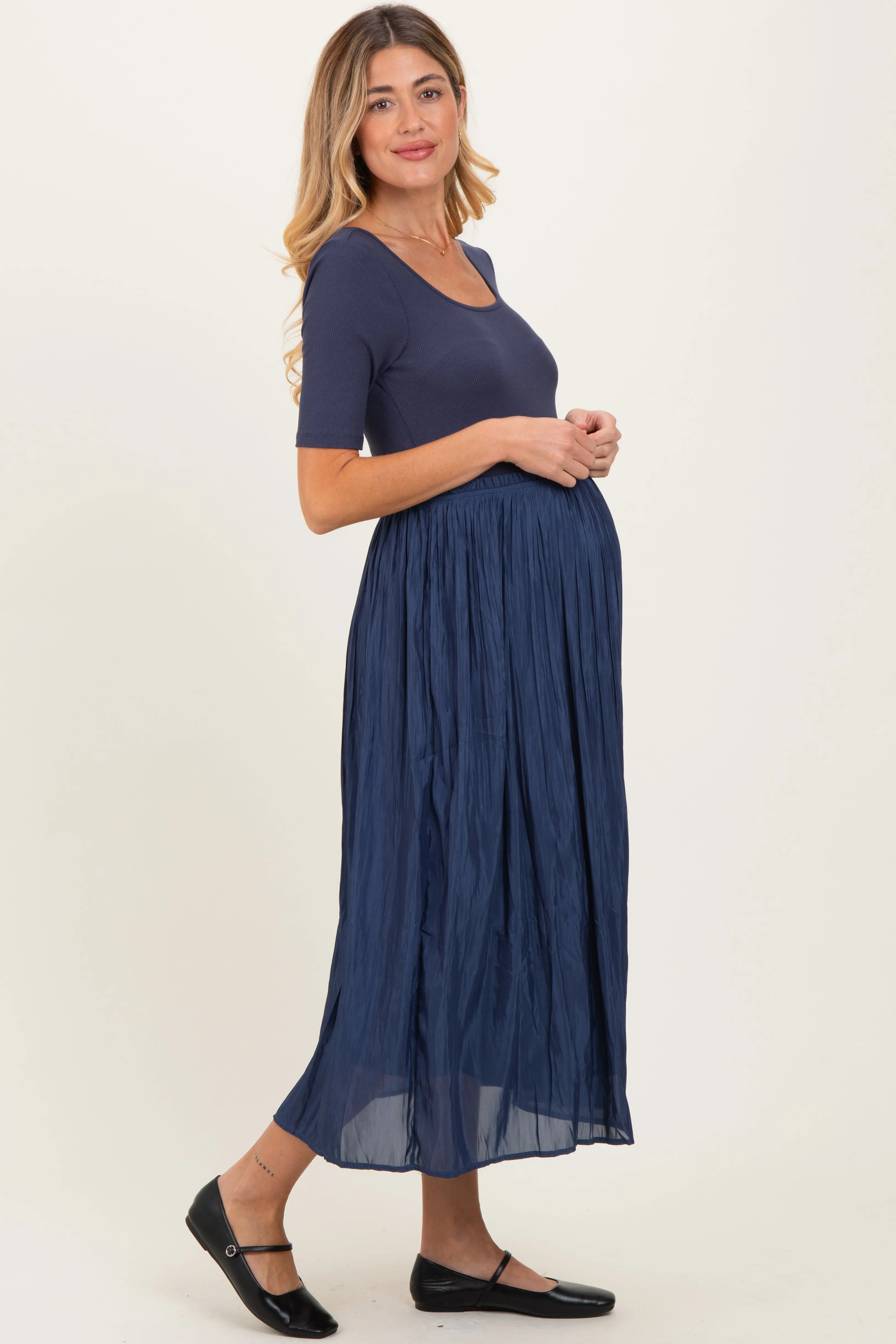 Navy Scoop Neck Pleated Skirt Ballet Maternity Dress sold by Pinkblush product image thumbnail 3