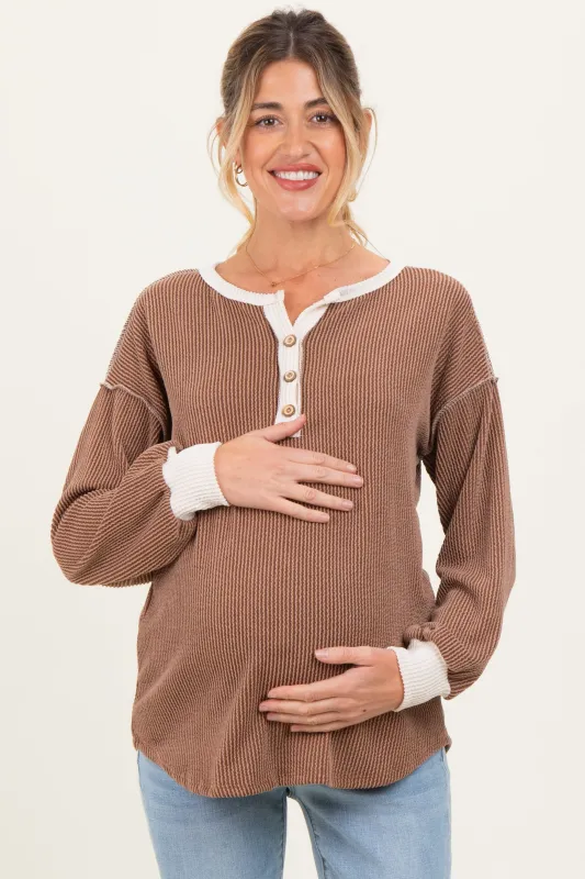 Mocha Textured Rib Bubble Sleeve Maternity Henley sold by Pinkblush