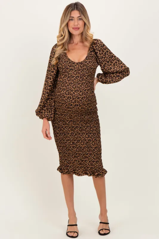 Brown Leopard Print Bodycon Maternity Midi Dress sold by Pinkblush
